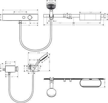 HANSGROHE WALLSTORIS sprchový set s termostatickou baterií, ruční sprcha se 3 proudy, nástěnná tyč, hadice, držák, police, háčky, EcoSmart, matná černá 24250670 Technický nákres