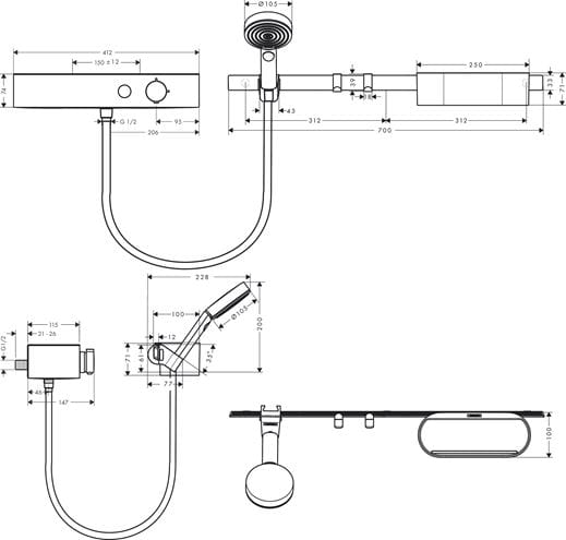 HANSGROHE WALLSTORIS sprchový set s termostatickou baterií, ruční sprcha se 3 proudy, nástěnná tyč, hadice, držák, police, háčky, EcoSmart, matná černá 24250670 Technický nákres