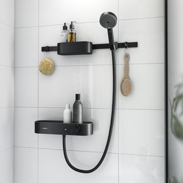 HANSGROHE WALLSTORIS sprchový set s termostatickou baterií, ruční sprcha se 3 proudy, nástěnná tyč, hadice, držák, police, háčky, EcoSmart, matná černá 24250670 Obrázek - fotka