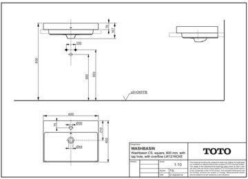 TOTO CS umyvadlo 60 cm, s otvorem pro baterii a přepadem LW1216CKE Technický nákres