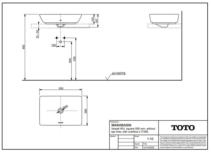 TOTO WU umyvadlová mísa 55 cm, s přepadem L1735E Technický nákres