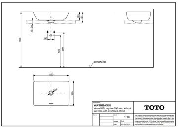 TOTO WU umyvadlová mísa 55 cm, s přepadem L1735E Technický nákres