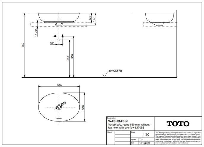 TOTO WU umyvadlová mísa 55 cm, s přepadem L1705E Technický nákres