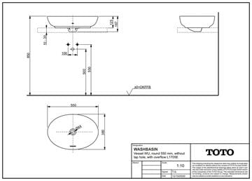 TOTO WU umyvadlová mísa 55 cm, s přepadem L1705E Technický nákres