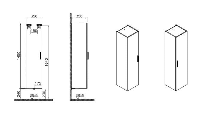 EASY PLUS nízká skříňka 35x35x145 cm, 1 dvířka, antracit 66167 Technický nákres