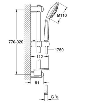 GROHE EUPHORIA 110 MASSAGE sprchová souprava 4-dílná, ruční sprcha pr. 110 mm, 3 proudy, tyč, hadice, polička, chrom 27226001 Technický nákres