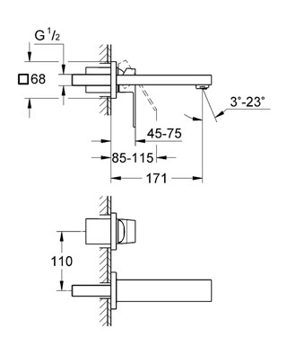 GROHE EUROCUBE umyvadlová podomítková baterie, chrom 19895000 Technický nákres