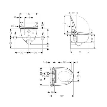 GEBERIT AQUACLEAN 4000 SET závěsné WC s bidetovým sedátkem, SoftClosing, Rimfree 146.135.11.1 Technický nákres