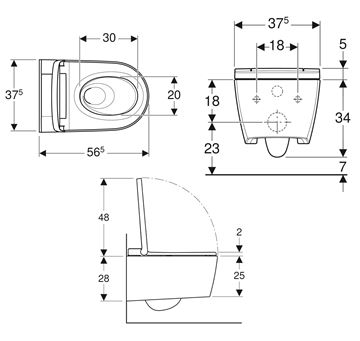 GEBERIT AQUACLEAN SELA závěsné WC s bidetovým sedátkem, SoftOpening, TurboFlush, KeraTect, bílá/chrom 146.222.21.1 Technický nákres