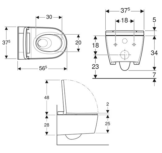 GEBERIT AQUACLEAN SELA závěsné WC s bidetovým sedátkem, SoftOpening, TurboFlush, KeraTect, bílá/chrom 146.222.21.1 Technický nákres