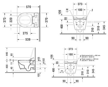 DURAVIT SENSOWASH SLIM závěsné WC, s bidetovým sedátkem, SoftClose, Rimless 631000002004300 Technický nákres