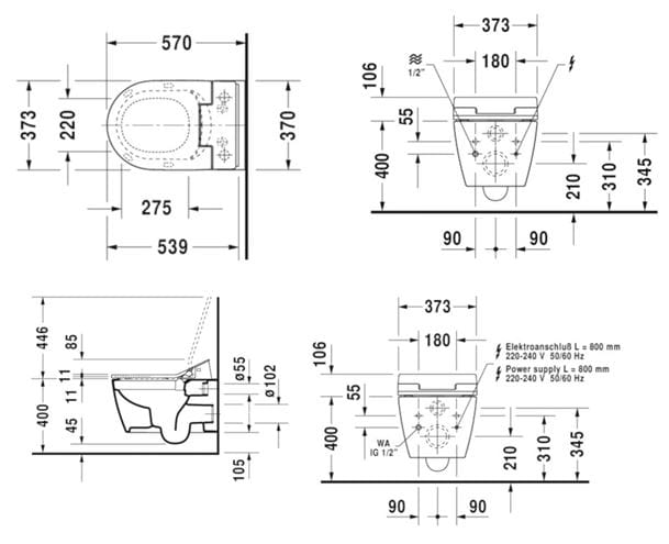 DURAVIT SENSOWASH SLIM závěsné WC, s bidetovým sedátkem, SoftClose, Rimless 631000002004300 Technický nákres