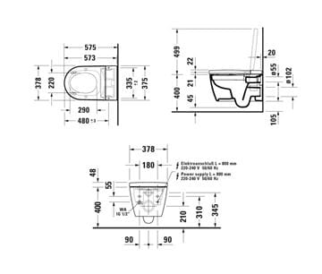 DURAVIT SENSOWASH STARCK F LITE závěsné WC compact, s bidetovým SoftClose sedátkem, Rimless splachování, HygieneGlaze 650001012004310 Technický nákres