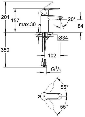 GROHE EUROSTYLE COSMOPOLITAN umyvadlová stojánková baterie, chrom 3355720E Technický nákres