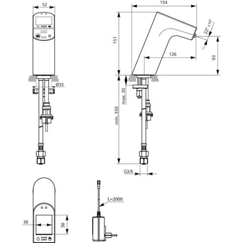 IDEAL STANDARD INTELLIMIX senzorová umyvadlová baterie, s dávkováním mýdla, napájení ze sítě, černý onyx A7488B3 Technický nákres