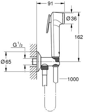 GROHE TEMPESTA-F TRIGGER SPRAY 30 nástěnný ventil s bidetovou sprškou, hadicí a držákem, chrom 26358000 Technický nákres