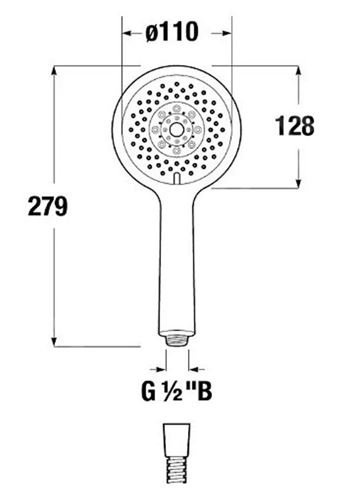 JIKA CUBITO-N sprchová souprava 3-dílná, ruční sprcha pr. 130 mm, 4 proudy, hadice, držák, chrom H3651X00043621 Technický nákres
