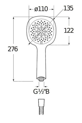JIKA CUBITO-N sprchová souprava 3-dílná, ruční sprcha 130x130 mm, 4 proudy, hadice, držák, chrom H3651X00043631 Technický nákres