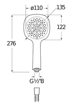 JIKA CUBITO-N sprchová souprava 3-dílná, ruční sprcha 130x130 mm, 4 proudy, hadice, držák, chrom H3651X00043631 Technický nákres