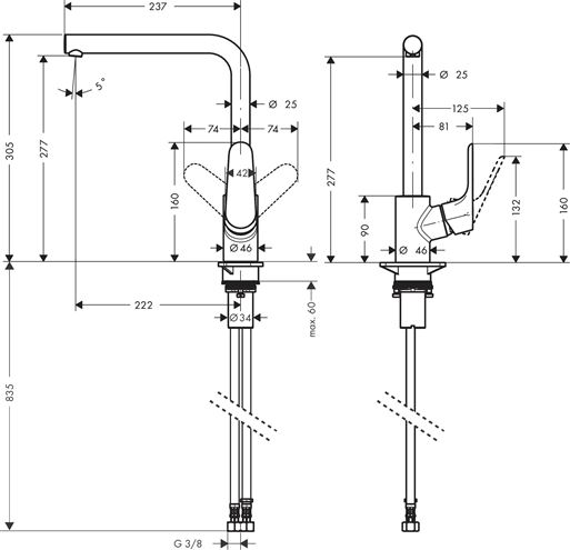 HANSGROHE FOCUS M41 dřezová baterie, nerez 31817800 Technický nákres