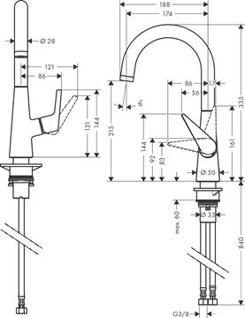 HANSGROHE TALIS M51 dřezová baterie, chrom 72814000 Technický nákres