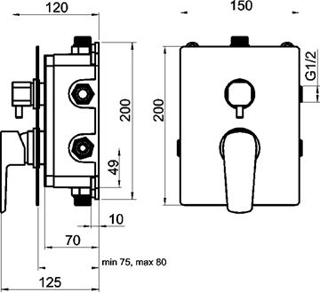 NOVASERVIS METALIA 58 podomítková baterie, pro 2 spotřebiče, s tělesem, černá BOX58051R,5 Technický nákres