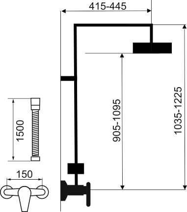 NOVASERVIS METALIA 58 sprchový set s baterií, horní sprcha, ruční sprcha se 3 proudy, teleskopická tyč, hadice, Eco, matná černá SET071/58,5 Technický nákres