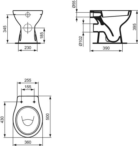 IDEAL STANDARD EUROVIT stacionární WC, zadní odpad W333101 Technický nákres