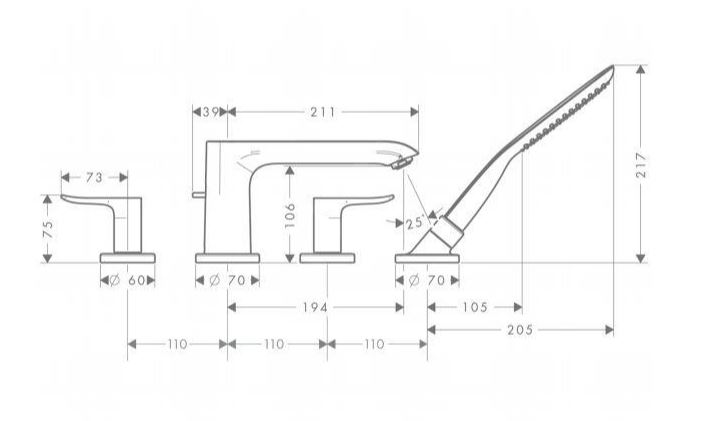 HANSGROHE METRIS baterie na okraj vany, 4-otvorová, se sprchovou soupravou, chrom 31442000 Technický nákres