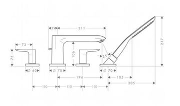 HANSGROHE METRIS baterie na okraj vany, 4-otvorová, se sprchovou soupravou, chrom 31442000 Technický nákres