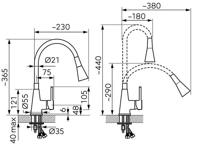 NOVASERVIS dřezová baterie, s flexi ramínkem a sprškou, béžová/chrom 70720,0BE Technický nákres