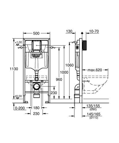 GROHE RAPID SL montážní prvek pro WC 113 cm, se splachovací nádržkou 38528001 Technický nákres