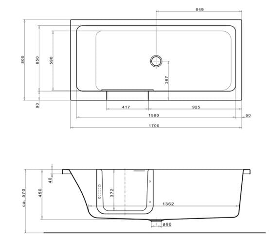GKI DUOSETLA vana 170x80 cm, s dvířky, se zástěnou a sedátkem, s odnímatelným panelem a rámem, akrylát DUOSETLA Technický nákres