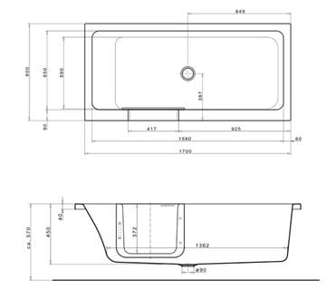GKI DUOSETLA vana 170x80 cm, s dvířky, se zástěnou a sedátkem, s odnímatelným panelem a rámem, akrylát DUOSETLA Technický nákres