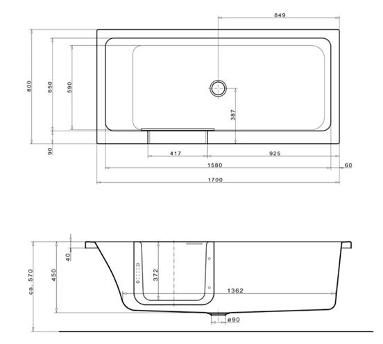 GKI DUOSETLF vana 170x80 cm, s dvířky, se zástěnou a sedátkem, s panelem pro obložení dlaždicemi, akrylát DUOSETLF Technický nákres