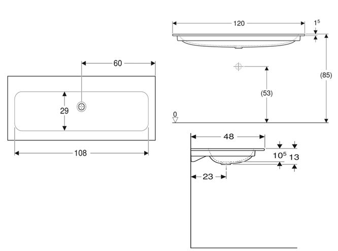 GEBERIT ICON umyvadlo 120 cm, bez přepadu 501.846.00.3 Technický nákres