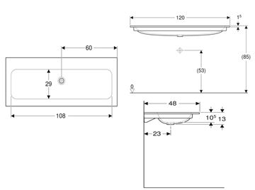 GEBERIT ICON umyvadlo 120 cm, bez přepadu 501.846.00.3 Technický nákres