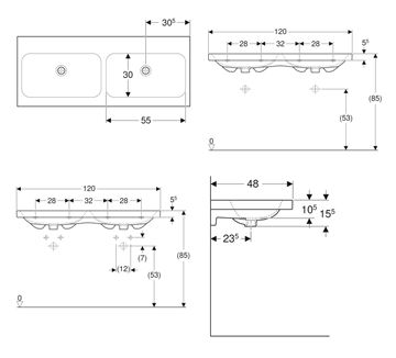 GEBERIT ICON LIGHT dvojumyvadlo 120 cm, s přepadem 501.838.00.3 Technický nákres