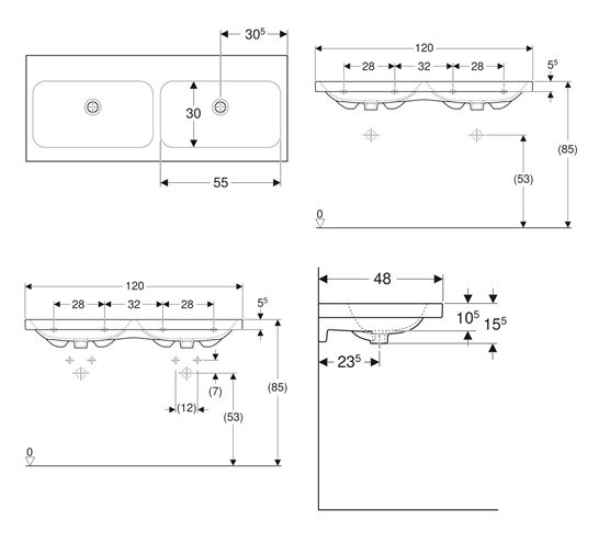 GEBERIT ICON LIGHT dvojumyvadlo 120 cm, se 2 otvory pro baterie, bez přepadu 501.838.00.5 Technický nákres