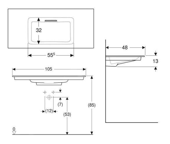 GEBERIT ONE umyvadlo 105 cm, skrytý přepad, KeraTect 505.014.00.1 Technický nákres
