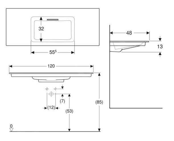 GEBERIT ONE umyvadlo 120 cm, skrytý přepad, KeraTect 505.016.00.1 Technický nákres
