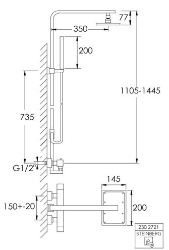 STEINBERG 230 sprchový set s termostatickou baterií, horní sprcha, ruční sprcha, tyč, hadice, chrom 230 2721 Technický nákres