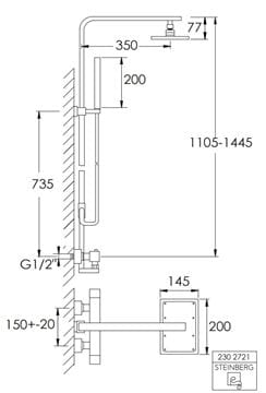 STEINBERG 230 sprchový set s termostatickou baterií, horní sprcha, ruční sprcha, tyč, hadice, chrom 230 2721 Technický nákres