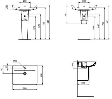 IDEAL STANDARD CONNECT AIR umyvadlo 60 cm, s otvorem pro baterii a přepadem, hedvábná černá E0298V3 Technický nákres