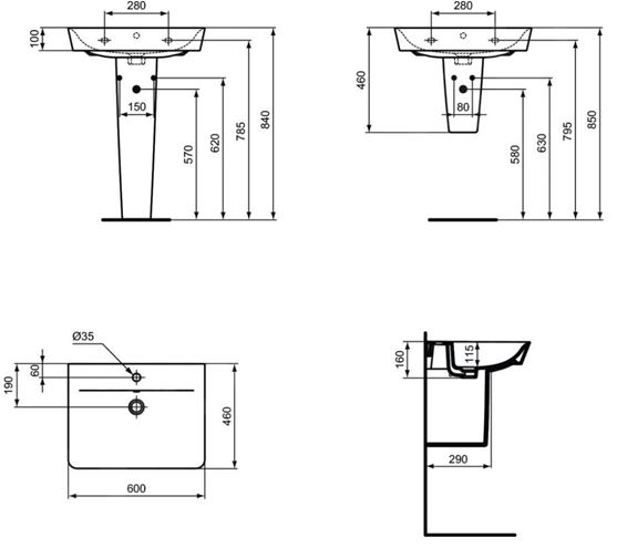 IDEAL STANDARD CONNECT AIR umyvadlo 60 cm, s otvorem pro baterii a přepadem, hedvábná černá E0298V3 Technický nákres