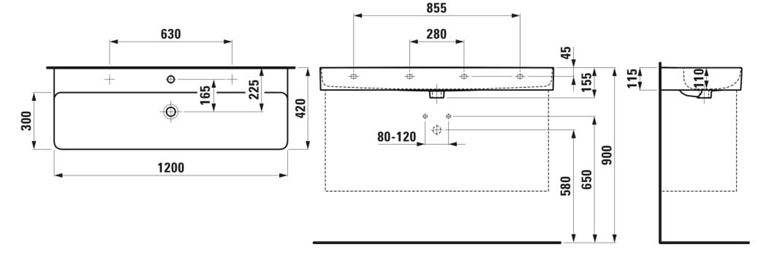 LAUFEN VAL umyvadlo 120 cm, s otvorem pro baterii a přepadem H8102890001041 Technický nákres