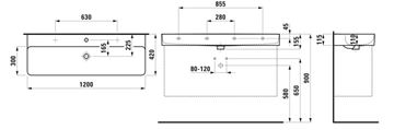 LAUFEN VAL umyvadlo 120 cm, s otvorem pro baterii a přepadem H8102890001041 Technický nákres