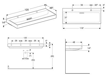GEBERIT ONE umyvadlo 120 cm, se 2 otvory pro baterie, skrytý přepad, KeraTect 505.049.00.1 Technický nákres