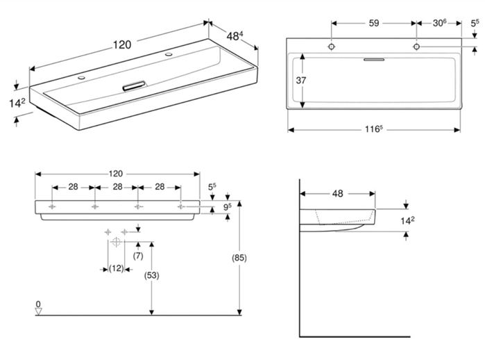GEBERIT ONE umyvadlo 120 cm, se 2 otvory pro baterie, skrytý přepad, KeraTect 505.049.00.1 Technický nákres