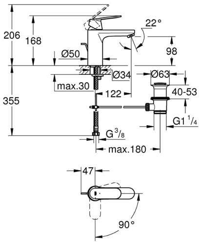 GROHE EUROSMART COSMOPOLITAN umyvadlová stojánková baterie, s odtokovou soupravou, studený start, chrom 2339600E Technický nákres